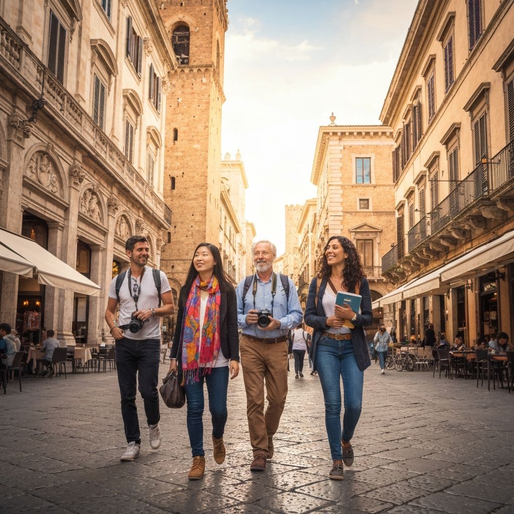 International travelers exploring an Italian city